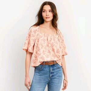 NWT Loft XL Floral Flutter Square Neck Top Pink